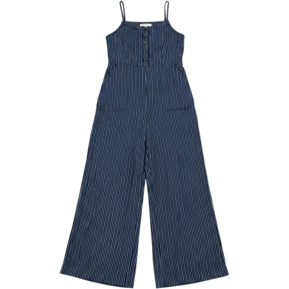 Navy Linen Jumpsuit Womens Small Blue White Stripe Wide Leg Cropped Coastal Chic